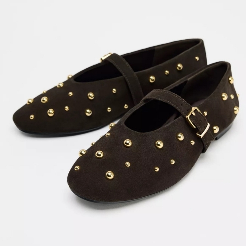 Zara Studded Suede Mary Jane Flats-Chocolate